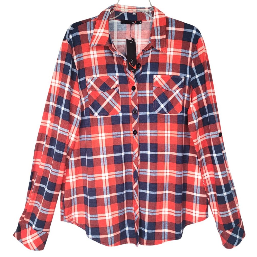 DJT Plaid Button Up Shirt Women's XL Red Blue Roll Tab/Long Sleeve Cowgirl Ranch